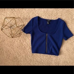 Ribbed Zipper Front Crop Top in Blue (Forever 21)